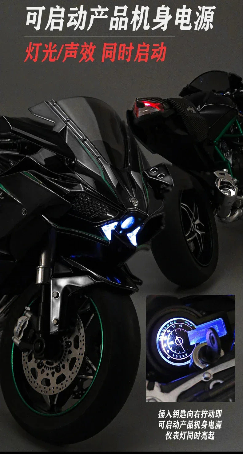 Large 1:6 Kawasaki H2R Bootable Sprayable Dynamic High Precision Alloy Motorcycle Model Diecast Sound Light Christmas Gift Box D