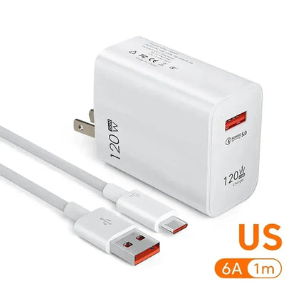USB GaN 120W Charger Quick Charge 3.0 EU/US Plug Phone Charger Adapter Type C Wire For iPhone Samsung Xiaomi Huawei Fast Charger