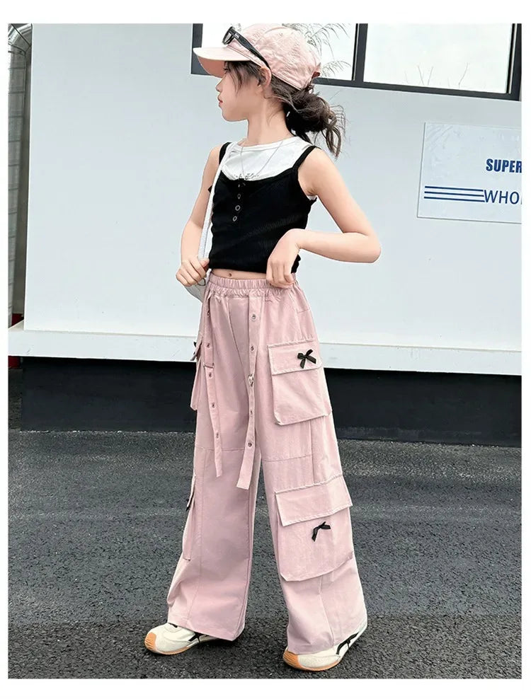 Kids Cargo Pants with Side Pocket for Tweens Girl High Fashion Hip Hop Bow Trousers Child Street  Pink Black Trackpants Hot Sell
