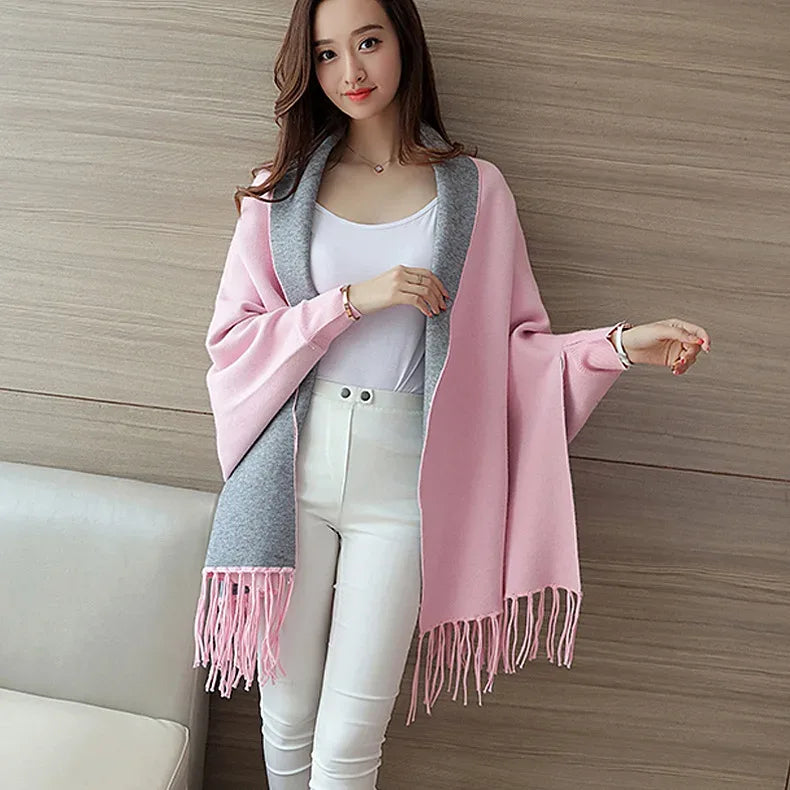 Autumn Winter Tassel Long Sweater Cardigans Casual Korean Long Sleeve Cloak Patchwork Knitwear Coats Outwaer LMFS-LM-8015