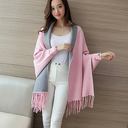 Autumn Winter Tassel Long Sweater Cardigans Casual Korean Long Sleeve Cloak Patchwork Knitwear Coats Outwaer LMFS-LM-8015