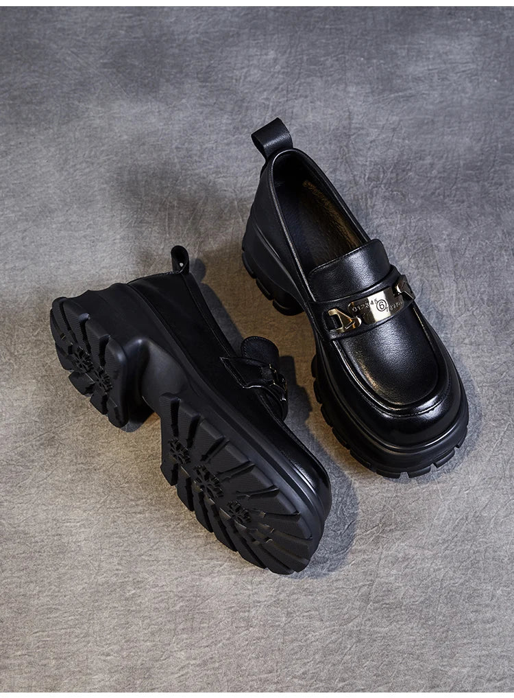 DRKANOL Women Genuine Leather Loafers 2026 Spring Autumn Thick High Heel Chunky Platform Handmade Retro Metal Trend Casual Shoes