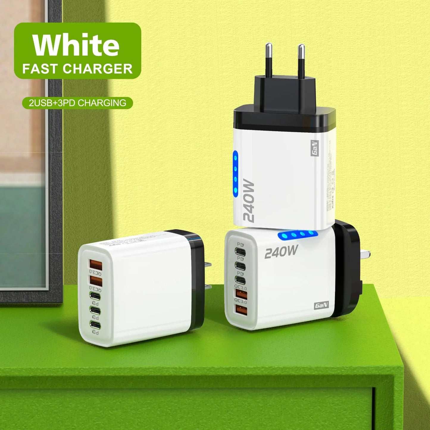 240W GaN Fast Charger 3 USB-C 2 USB-A Ports PD QC3.0 for iPhone 17 16 Galaxy S25 S24 Xiaomi 16 15 Huawei Mate 70 60 Oppo Vivo