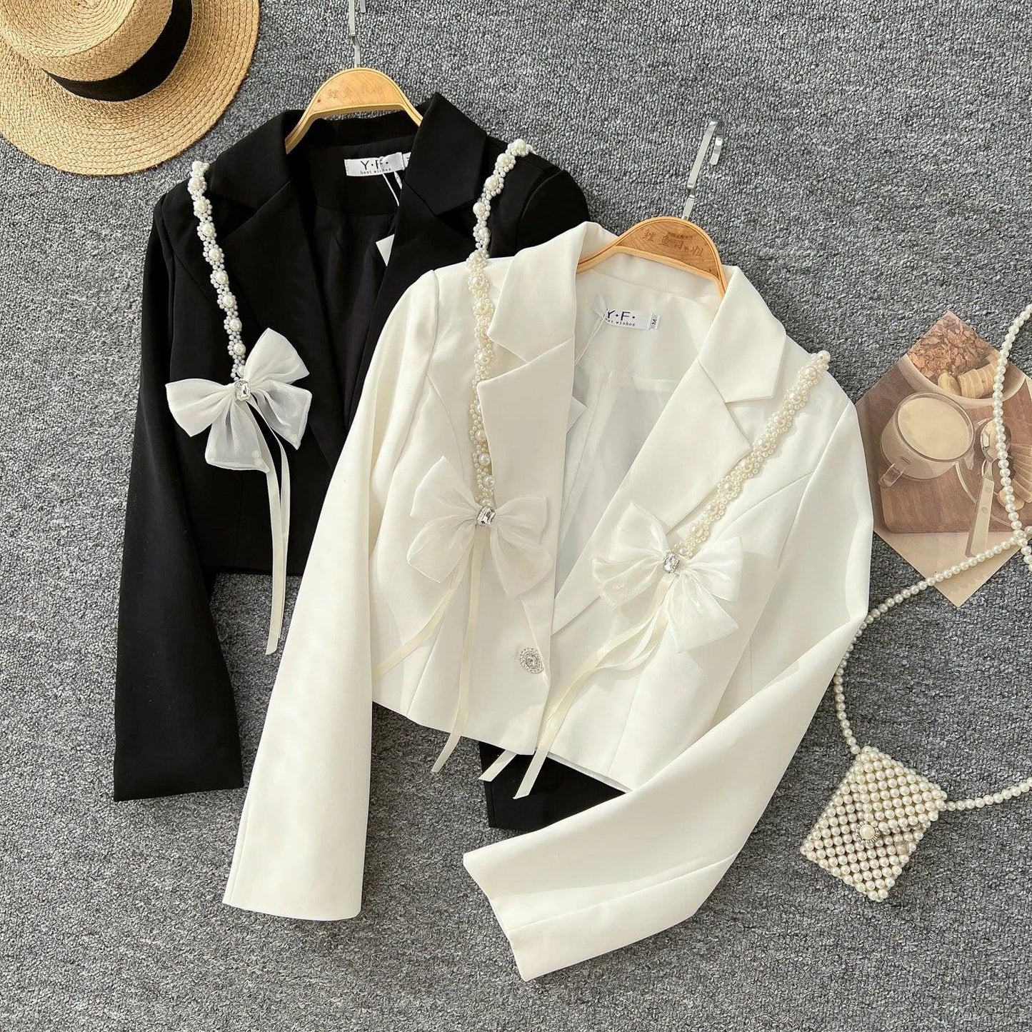 Chic Notched Basics Long Sleeve Elegant Embroidered Bead Butterfly Loose Coat French Streetwear High Street Autumn Winter Top
