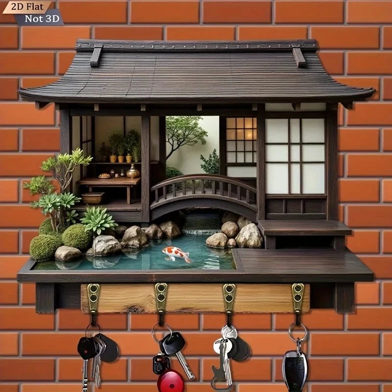 2D Retro Japanese-Style Wooden Key Hook Multi-Functional Home Key Holder for Porch Wall Decoration And Kitchen Storage
