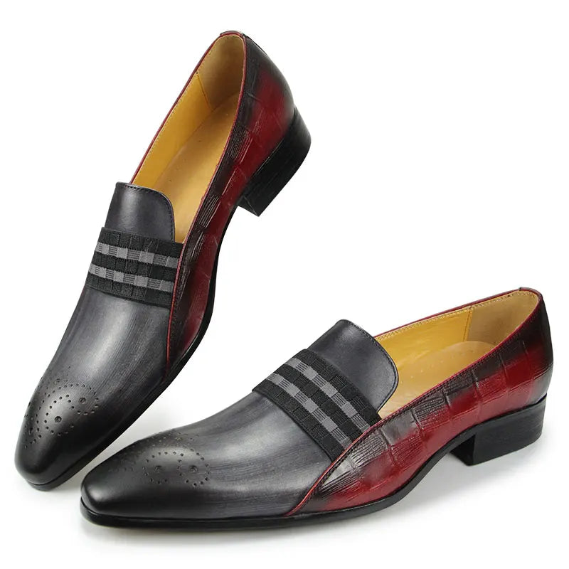 Loafer Men Fashion Cowhide Shoes Casual Gentleman Party Wedding  Leather Shoes Gray Red Mixed Striped Elastic Band Footwear