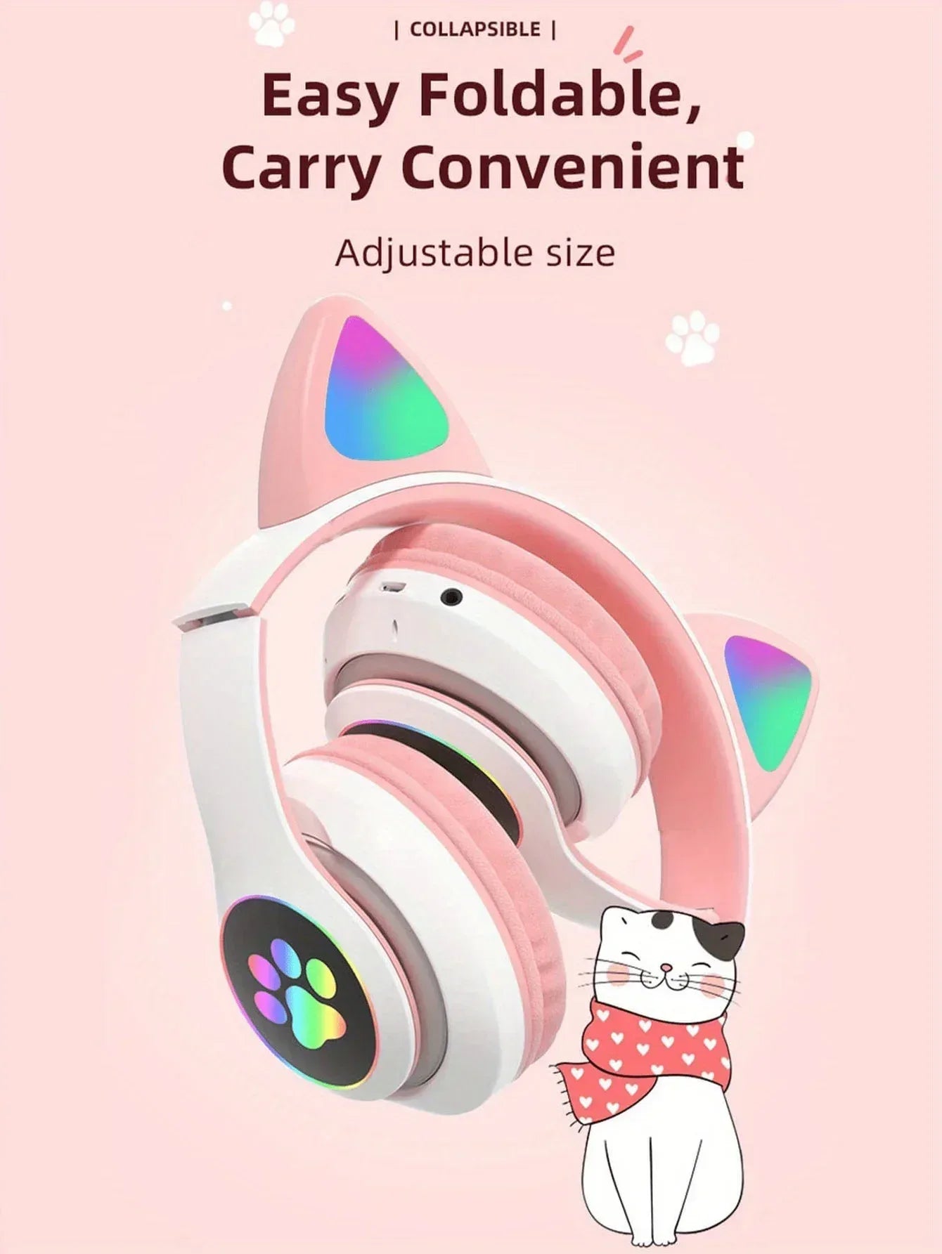 New Flash Light Cute Cat Ears Wireless Headphone with Mic Control LED Kid Girl Stereo Music Helmet Phone Bluetooth Headset Gift