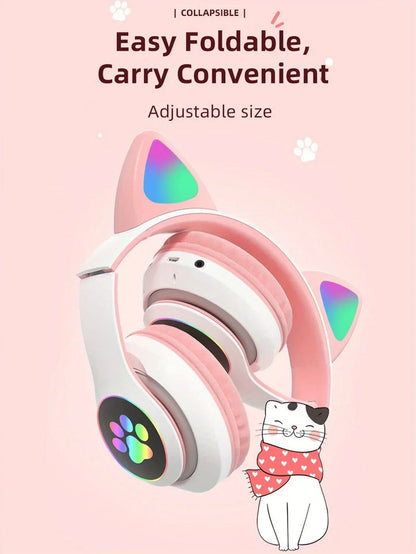 New Flash Light Cute Cat Ears Wireless Headphone with Mic Control LED Kid Girl Stereo Music Helmet Phone Bluetooth Headset Gift