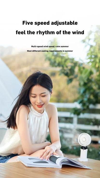 2026 New Handheld Mini Fan Foldable Neck Hanging Fans 5 Speed USB Rechargeable Fan with Phone Stand and Display Screen 1800mAh