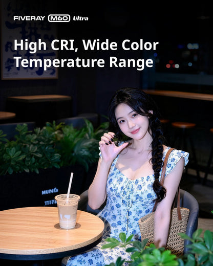 ZHIYUN FIVERAY M60 Ultra 60W RGB COB Pocket Light, High CRI ≥95, Full-Color 2500‑10000K, 4500mAh Battery, APP Control for Vlog