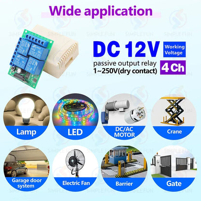 433Mhz Universal Wireless Remote Control Light Switch DC 12V 4CH RF Relay Receiver 60m Range for Light/Garage Door/LED DIY
