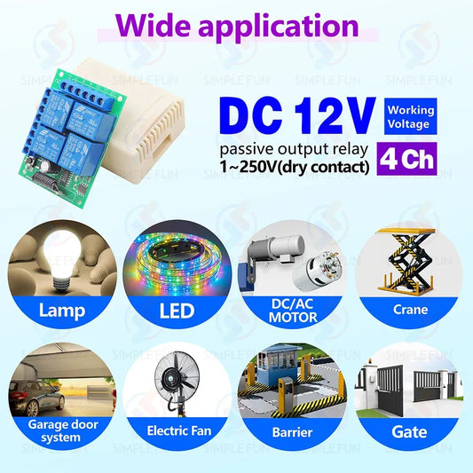 433Mhz Universal Wireless Remote Control Light Switch DC 12V 4CH RF Relay Receiver 60m Range for Light/Garage Door/LED DIY