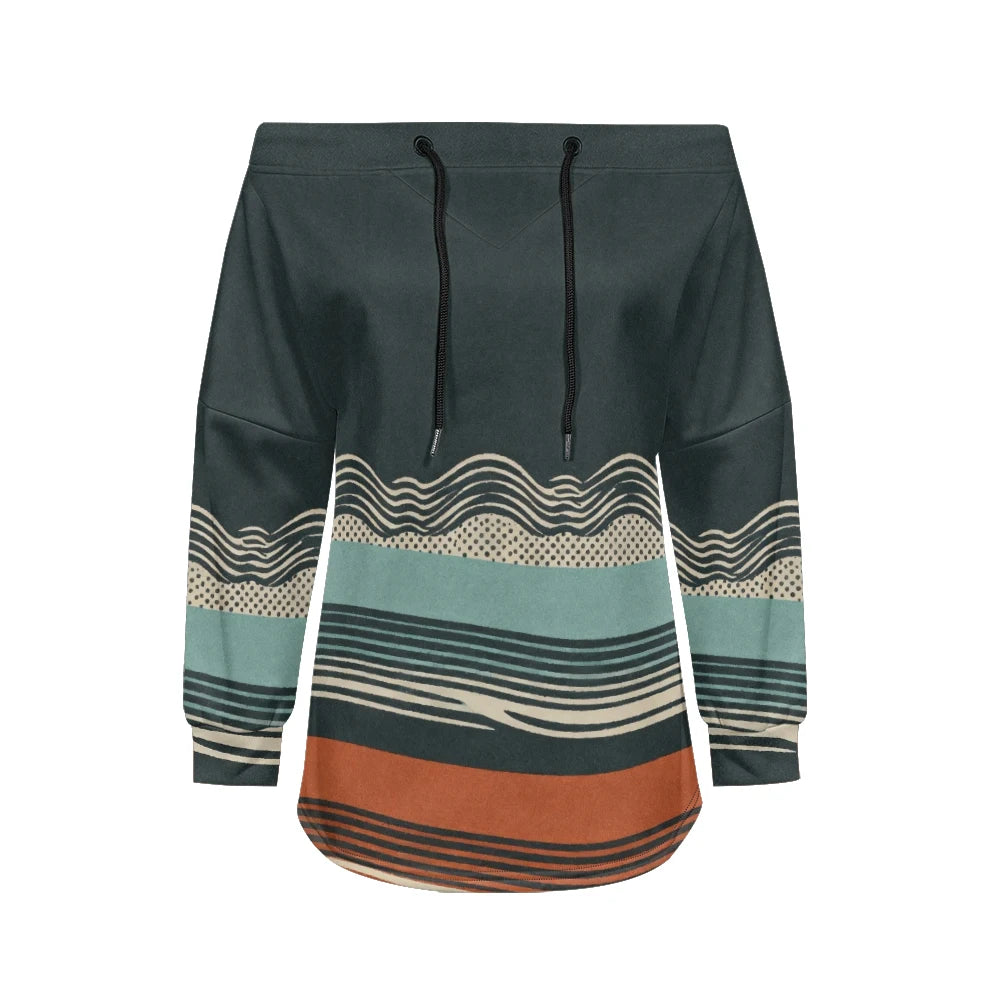 Trendy Off-Shoulder Sweatshirts with Striped & Polka Dot Patterns Drawstring Casual Loose-Fit Top for Women Casual Streetwear