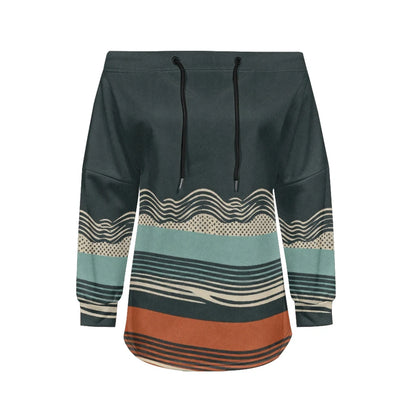 Trendy Off-Shoulder Sweatshirts with Striped & Polka Dot Patterns Drawstring Casual Loose-Fit Top for Women Casual Streetwear