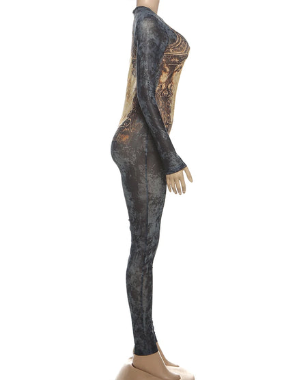 Weird Puss Tie-Dye Print Jumpsuit Women Fitness Stretch Tight Sexy o-Neck Full Sleeve Skinny Streetwear Autumn Zip Slim Overalls