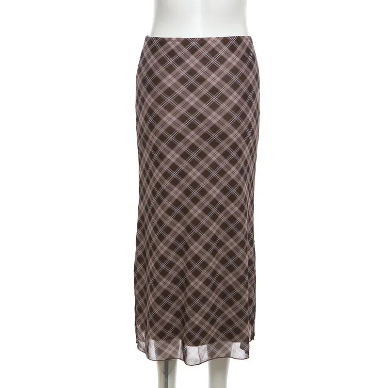 Women Spring Autumn Plaid Print Wrap Hips Skirts Fashion Ankle-Length Sexy Slim Pencil Skirts Preppy Style Girls Slit Midiskirt