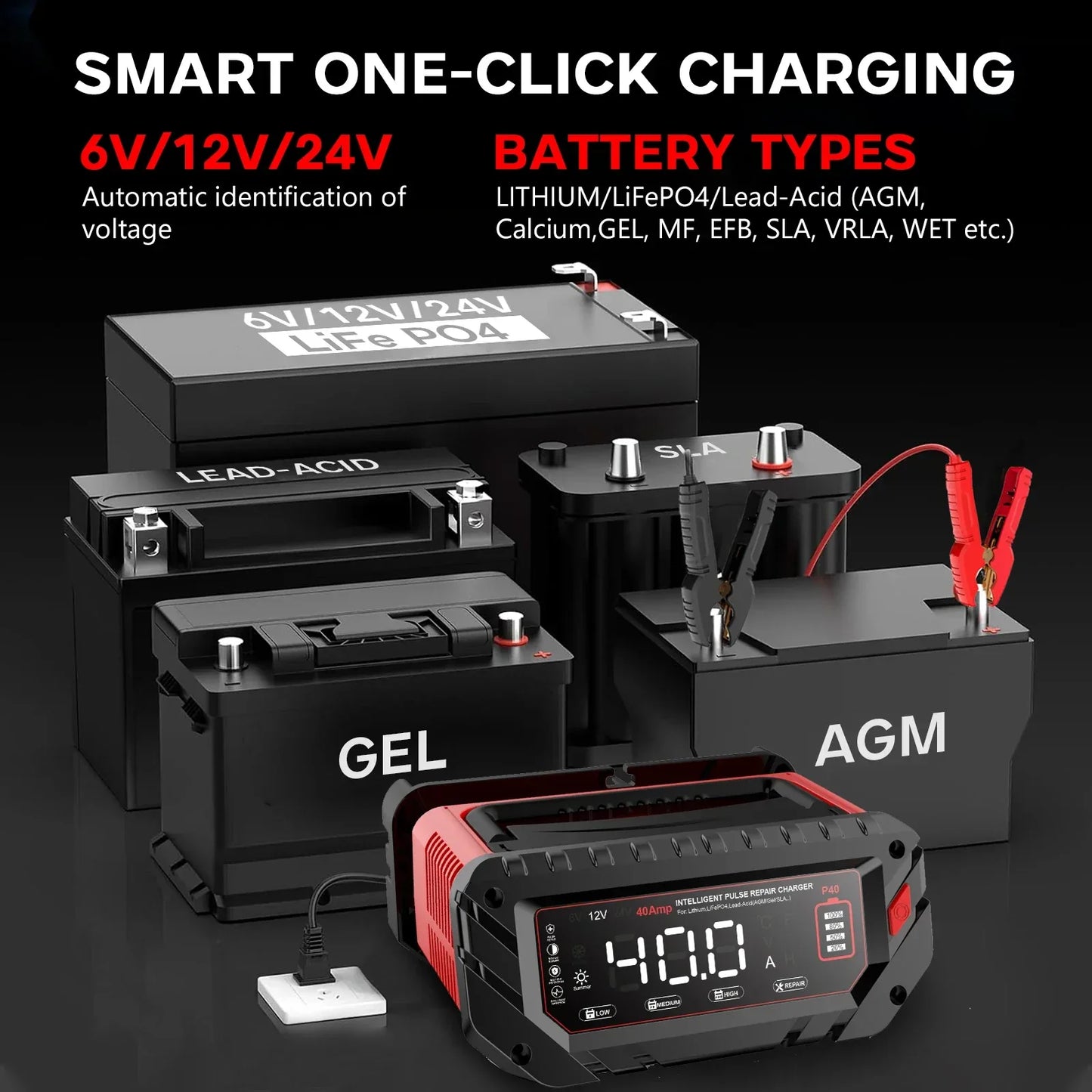 HTRC 40A Car Battery Charger 6V 12V 24V Charger for Lithium LiFePO4 Lead-acid AGM GEL Battery 9-stage Car Motorcycle Charger