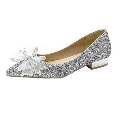Crystal Butterfly-knot Flat Wedding Shoes Slip  Shoes Women Shiny Gold Silver Bridal Shoes Beaded  Flat Heels Med (3cm-5cm)