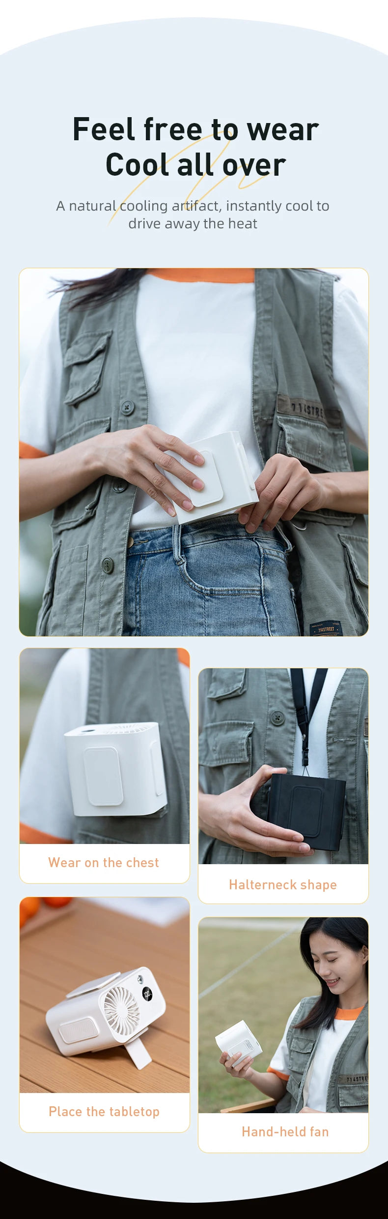 Vissko Outdoor Waist Mounted Fan Polymer Battery Anti Drop Shock Absorption USB Portable with Bladeless Hanging Neck Fan