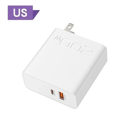 New 200W Ultra Fast Charger USB PD 2-In-1 Type C Fast GaN Phone Charger For Iphone Huawei Samsung Xiaomi Oppo  EU US Plug ﻿