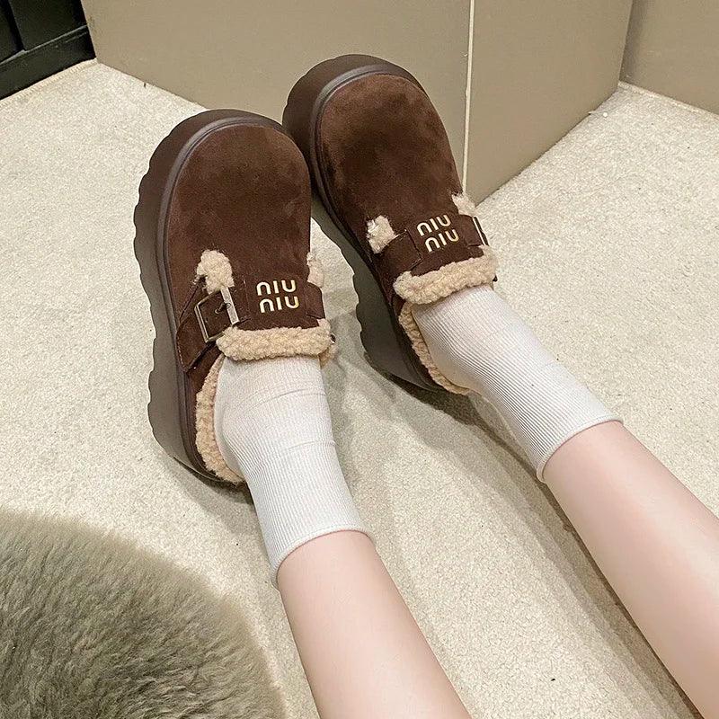 Platform High Heels Slippers Women Suede Mules Shoes Fur Warm Wedges Flip Flops 2025 Winter New Snow Boots Fashion Zapatos Mujer