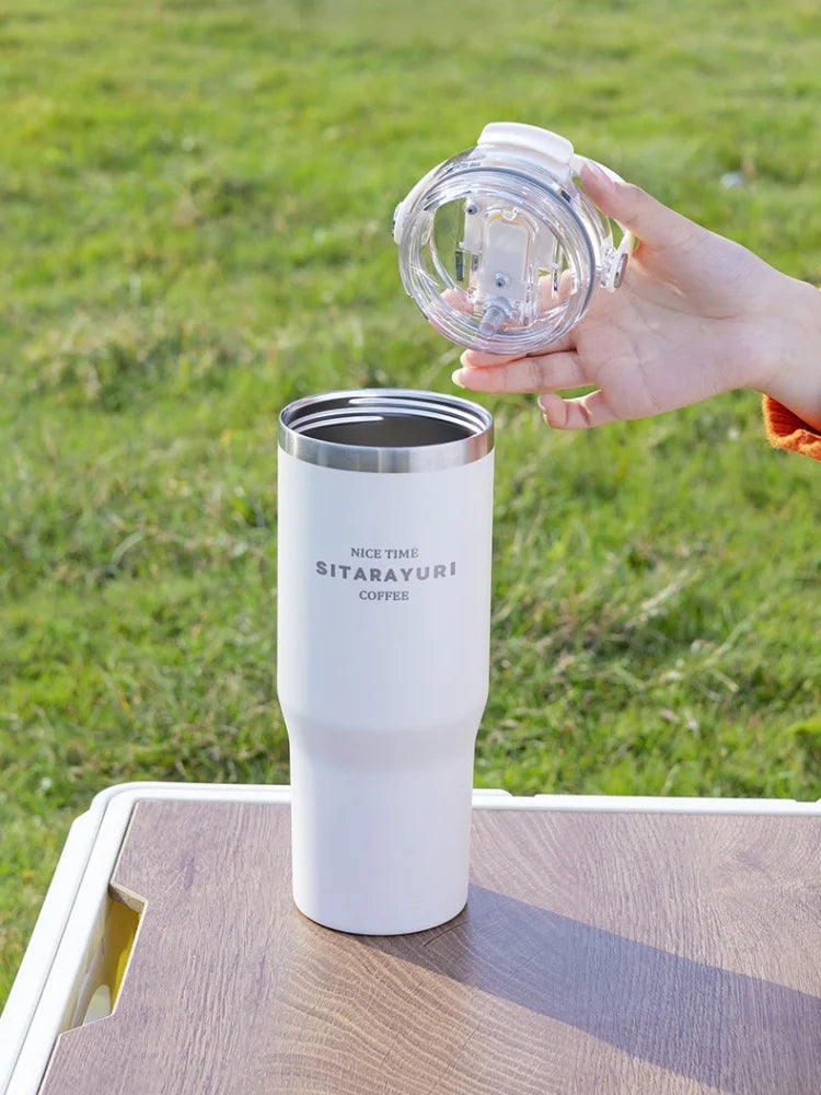 JUSTINLAU 600/900ml Insulated Cups Stainless Steel Double-drinking Thermos Cup with Handle& Straw Sports Bottle Car Ice Tumbler