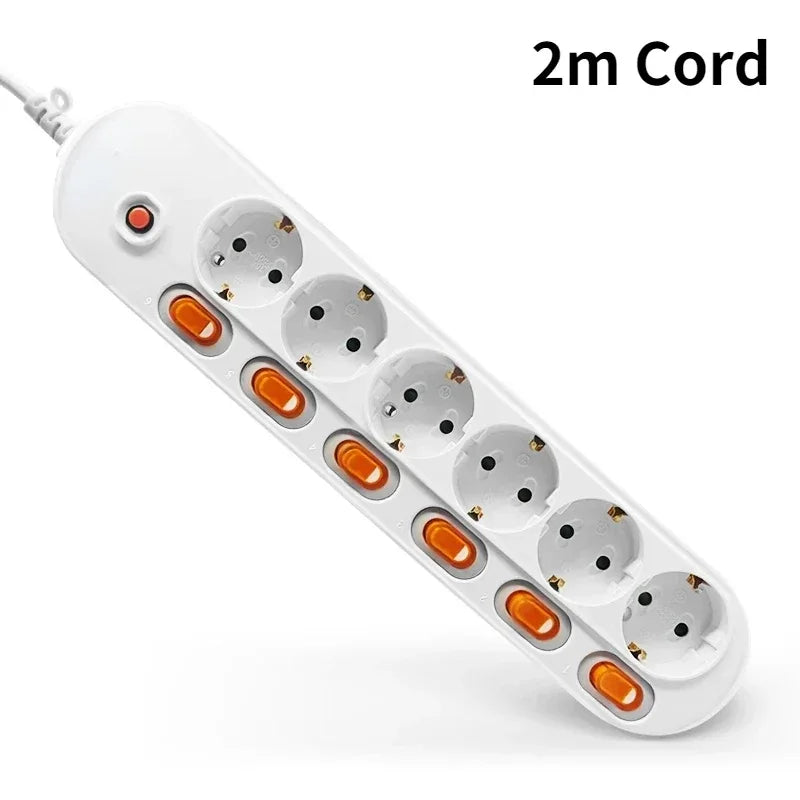 Melery Power Strip Surge Protection EU Plug Way Outlets Electrical Extension 16A Socket Independent Control Switches Schuko Cord