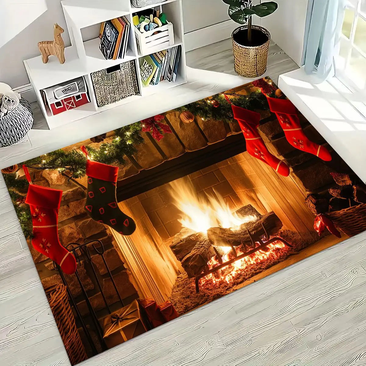 Happy New Year Merry Christmas Tree Santa Claus Cartoon Gift Carpet Rug for Bedroom Living Room Sofa Home Doormat Decor,Non-slip