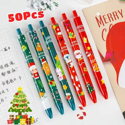50Pcs/Lot Cute Christmas Press Gel Pens Cartoon Santa Claus Kawaii Christmas Gift Black Ink Pen Student School Office Supplies