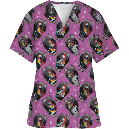 Christmas Nightmare V-neck Work Clothes Halloween Surgery plus size Nurse Medical Clothes Matte Top Women