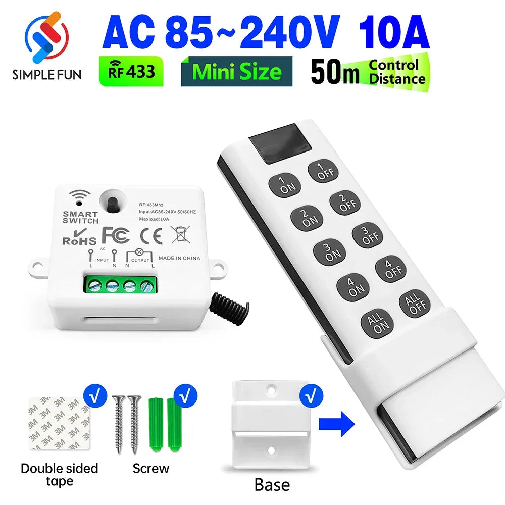 RF Wireless Smart Light Switch 433MHz 110V 220V Mini Relay Receiver Module ,4-in-1 Remote Control,For Led Light Lamp Fan ON/OFF