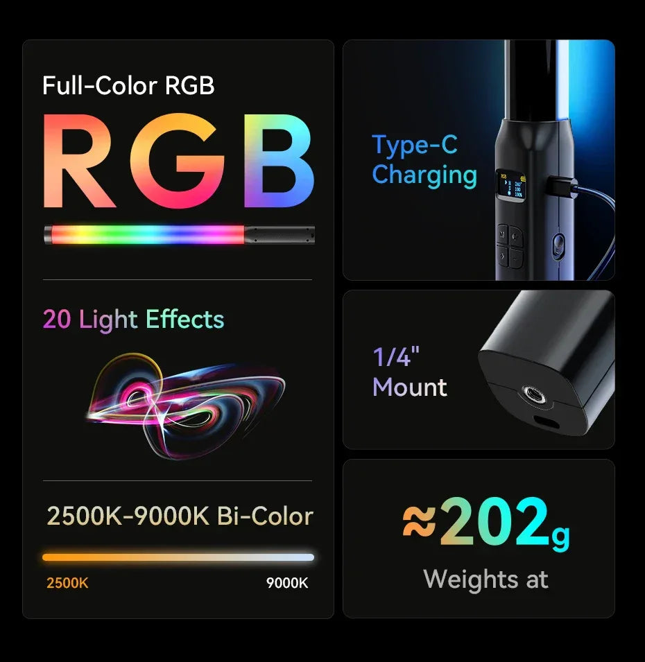 Ulanzi Upgraded VL119 10W RGB Light Wand Stick Light Handheld Stick for Protrait Photography Live Streaming with Type-C Charging