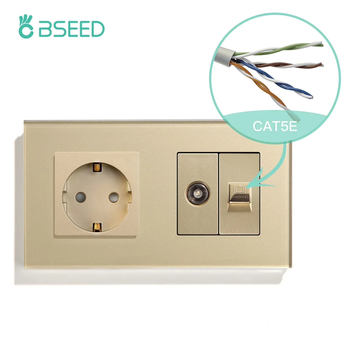 BSEED Single TV CAT5 Internet Socket Double EU Power Socket Triple Germany  With RJ45 Television Wall Sockets Glass Frame