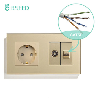 BSEED Single TV CAT5 Internet Socket Double EU Power Socket Triple Germany  With RJ45 Television Wall Sockets Glass Frame