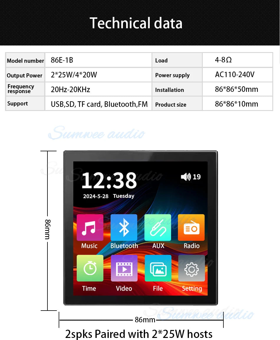 MINI touch screen TF Audio in wall amplifier home theater bluetooth control panel Background music player stereo ceiling speaker