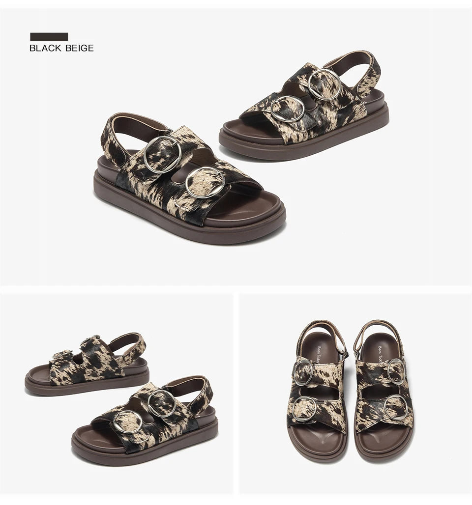BEAUTODAY Casual Sandals Women Horseskin Animal Prints Double Buckles Straps Thick Sole Outdoor ladies Shoes Handmade 34616