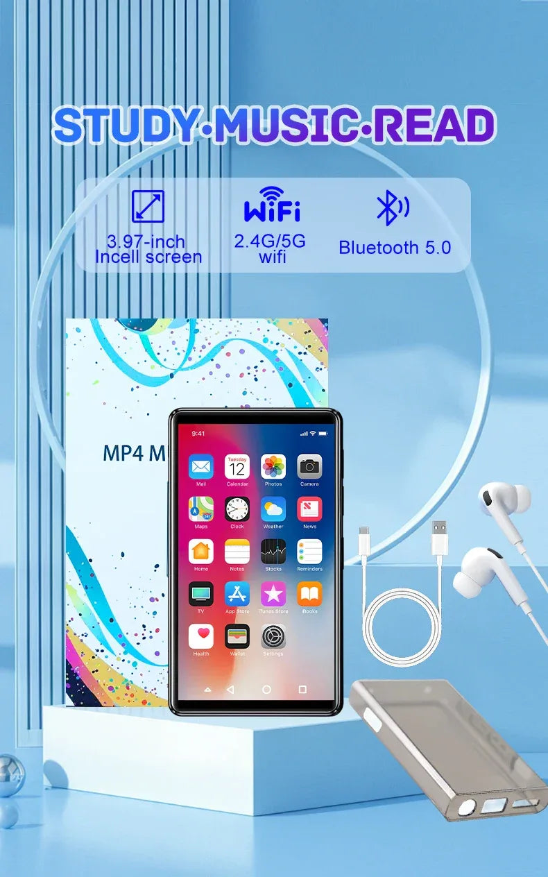 MP3 MP4 HIFI Stereo Player 3.97-inch 1080P HD Full-Screen Touch with Bluetooth and 2.4G/5G WiFi FM Radio Recording Ebook