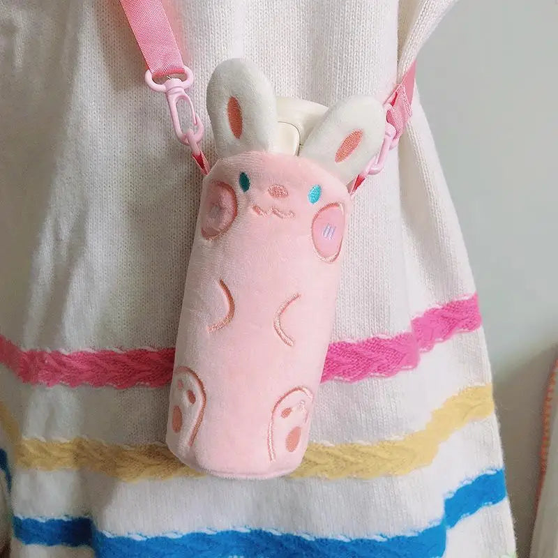 1Pcs Cartoon Plush Cup Holder With Crossbody Strap Portable Water Bottle Cover Cute Plush Insulated Bag Cup Pouch