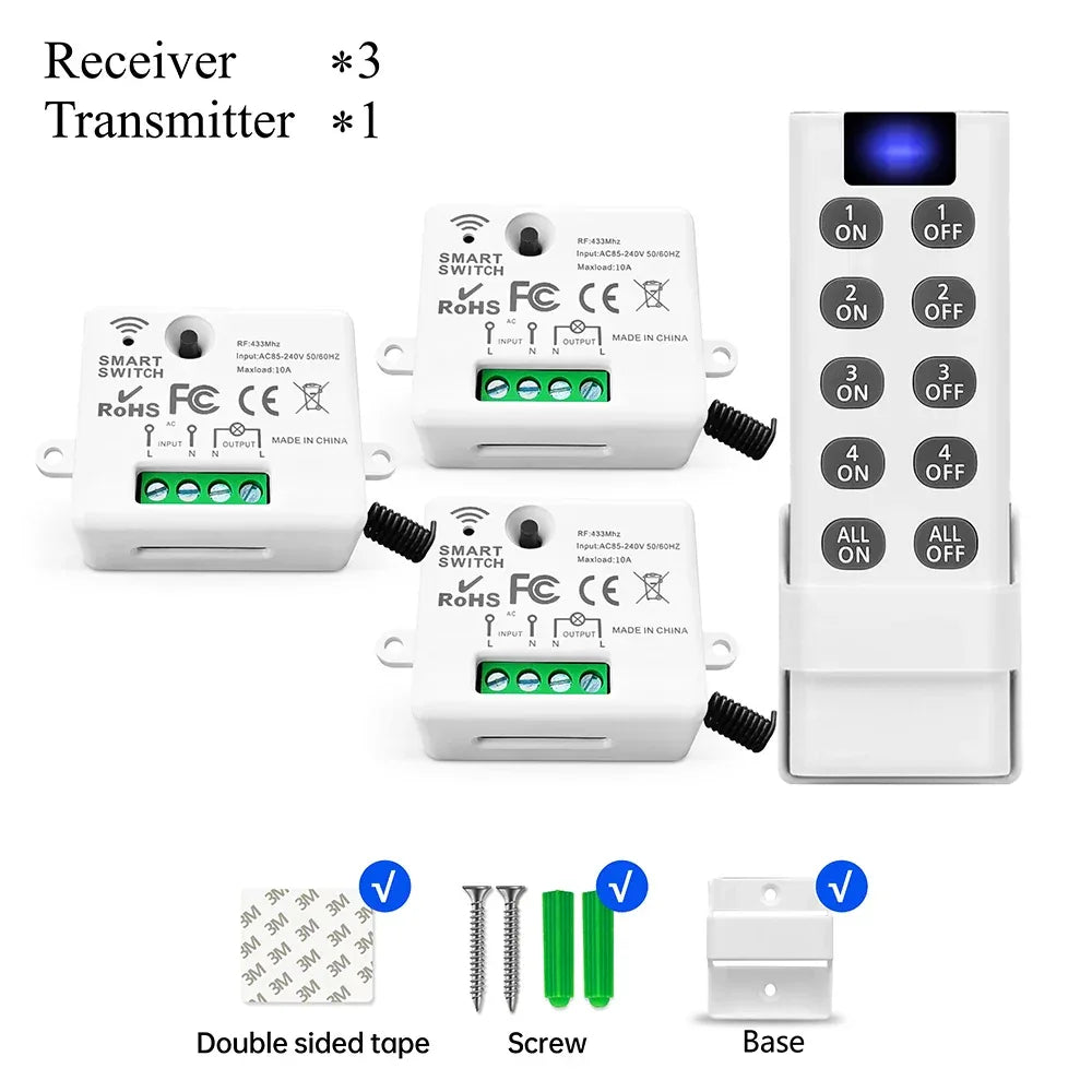RF Wireless Smart Light Switch 433MHz 110V 220V Mini Relay Receiver Module ,4-in-1 Remote Control,For Led Light Lamp Fan ON/OFF