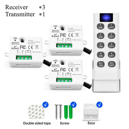 RF Wireless Smart Light Switch 433MHz 110V 220V Mini Relay Receiver Module ,4-in-1 Remote Control,For Led Light Lamp Fan ON/OFF