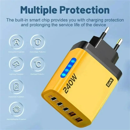 Total 240W Power GaN Charger 5 in 1 Fast Charging Charger PD Adapter For iPhone Samsung Xiaomi Huawei Laptop Tablet 2USB 3C