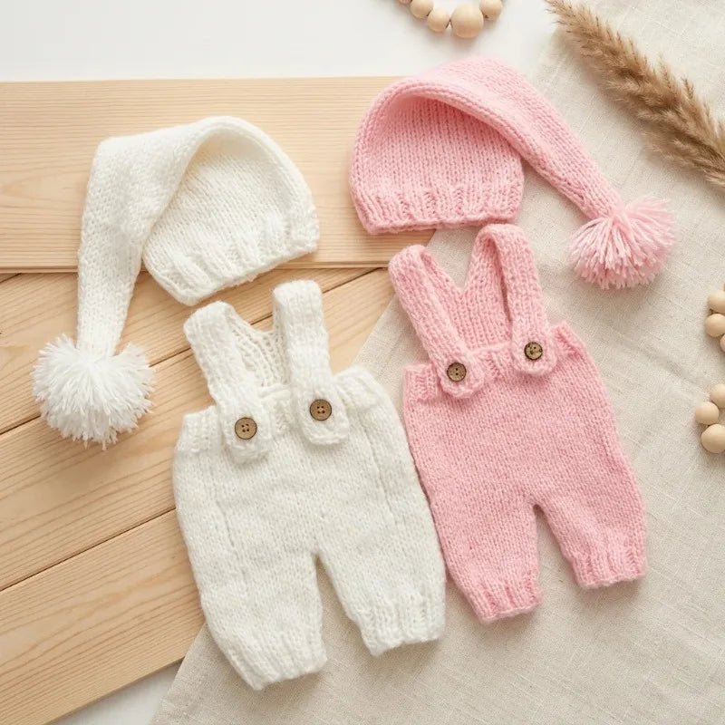 2pcs Newborn Baby Photography Props Knitted Romper Hat Set Handmade Photo Shoot Outfit Infant Studio Accessories Clothes