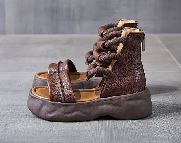 Koznoy 8cm Natural Genuine Leather Sandals Boots Flats Platform Wedge Summer Women Hollow Pumps Peep Toe Booties Mary Jane Shoes