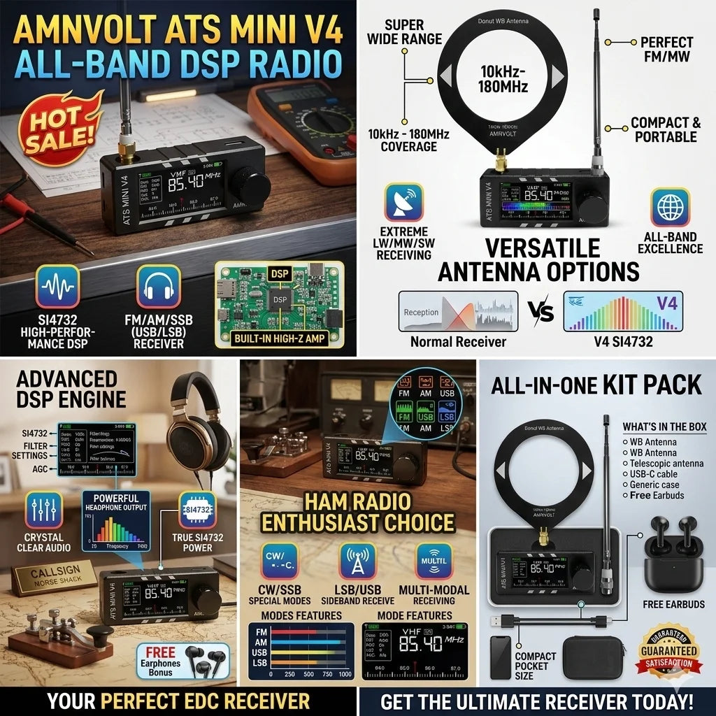 AMNVOLT V4 ATS MINI SI4732 Full Band DSP Radio Receiver FM AM SSB LSB USB with LCD Display Built-in Headphone Amp for Travel