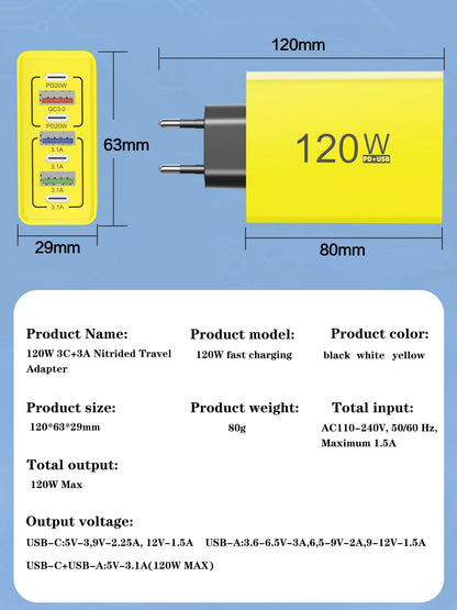PD 120W USB Type C Fast Charging Mobile Phone Charger 7 Ports EU/US Plug Charger For iPhone Huawei Xiaomi Samsung Wall Charger