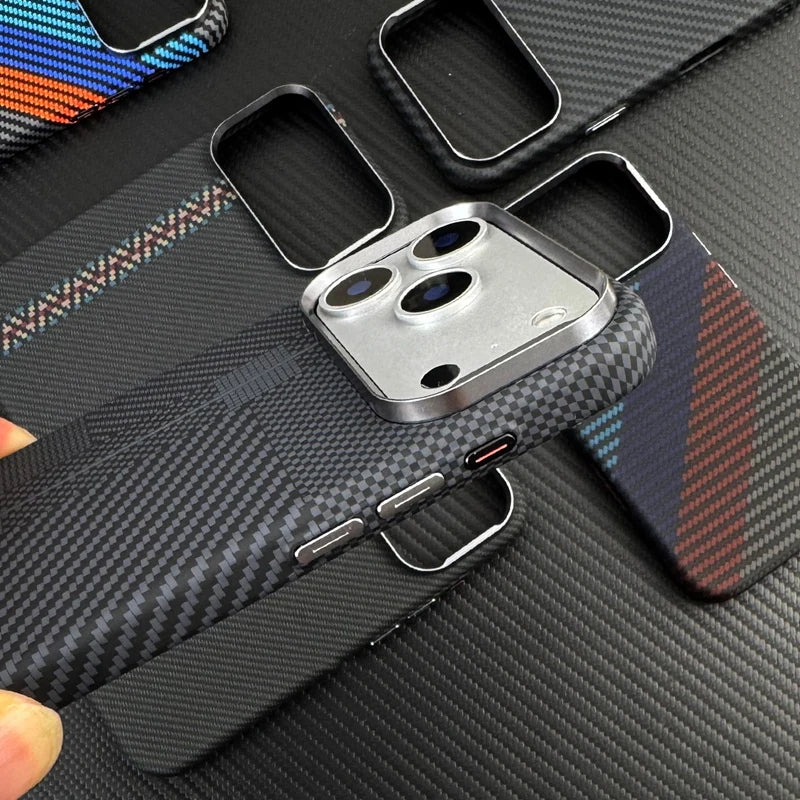 Carbon Fiber Texture Magnetic Armor Case For iphone 17 17Pro Max 16 Pro 15 14 13 Ultrathin Alloy Lens Wireless Charge Hard Cover