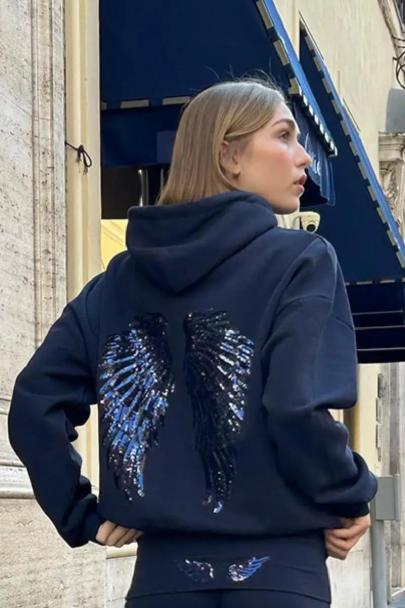 Chic Navy Blue Sequin Angle Pattern Hoodie Sweatsuit Long Sleeve Loose High Street Pullover 2025 New Lady Autumn Winter Coats