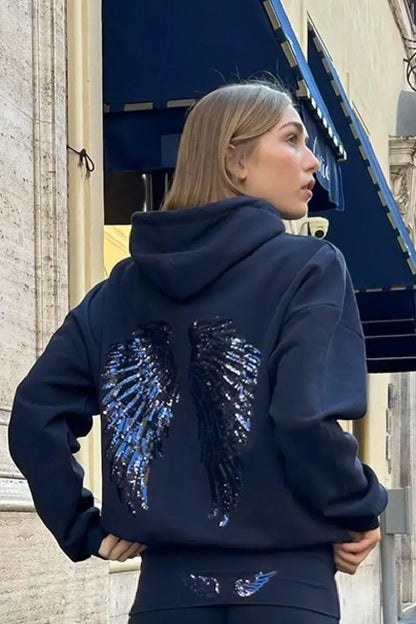 Chic Navy Blue Sequin Angle Pattern Hoodie Sweatsuit Long Sleeve Loose High Street Pullover 2025 New Lady Autumn Winter Coats