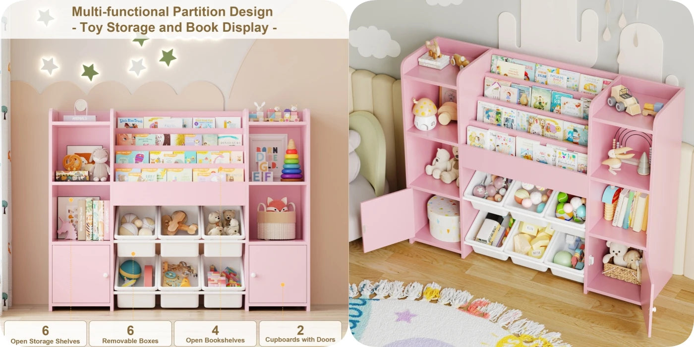 Getone Toy Storage Unit Kids Storage Unit Kids Toy Storage with 6 Removable Boxes, 4-tier Book Shelf Childrens Bookcase Kids Bookshelf Toy Organiser for Kids Room, Nursery Playroom 119x29.5x94 cm