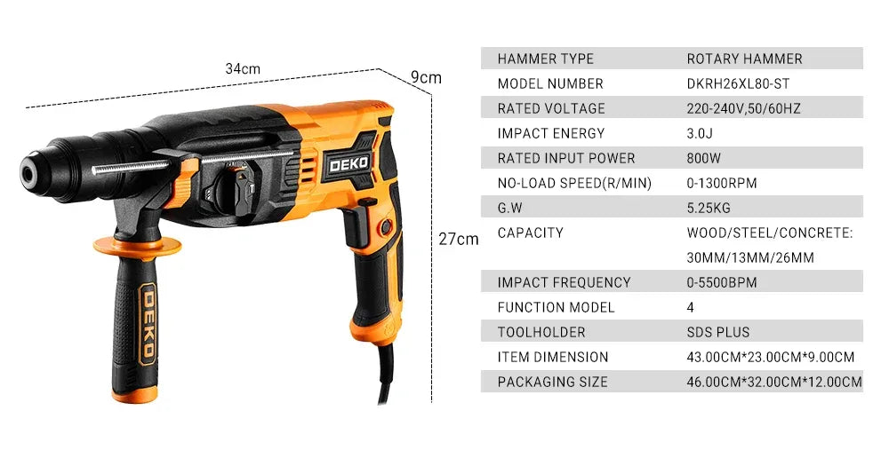 DEKO DKRH26XL80-ST 4 Functions Electric Rotary Hammer Multifunctional Rotary Accessories Electric Demolition Hammer Impact Drill